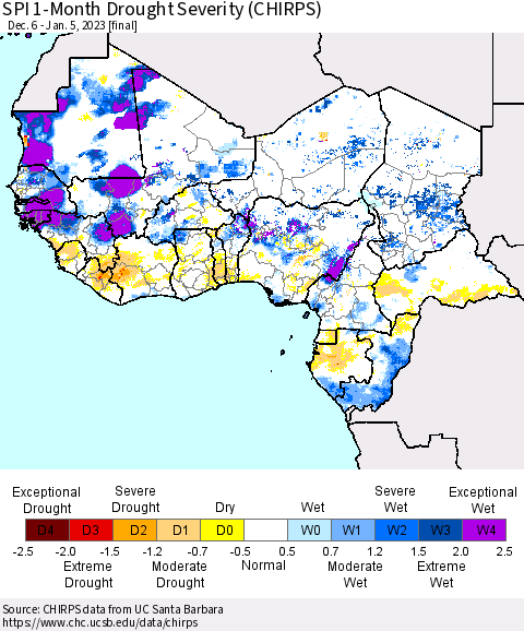 Western Africa SPI 1-Month Drought Severity (CHIRPS) Thematic Map For 12/6/2022 - 1/5/2023