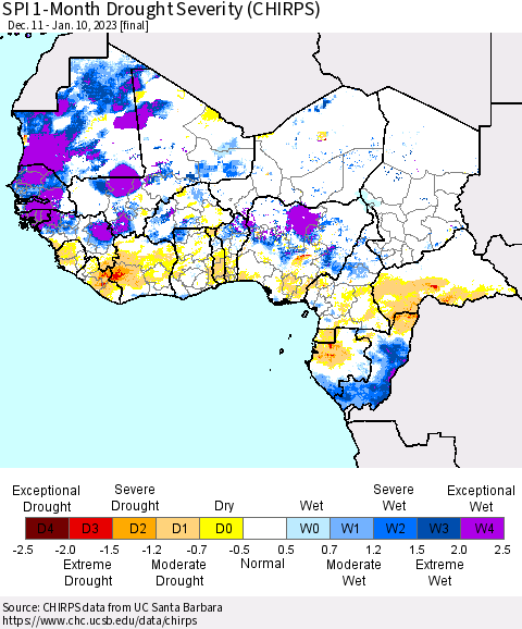 Western Africa SPI 1-Month Drought Severity (CHIRPS) Thematic Map For 12/11/2022 - 1/10/2023