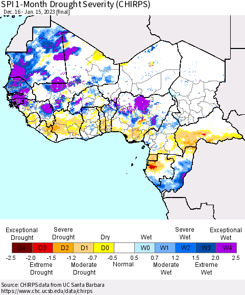 Western Africa SPI 1-Month Drought Severity (CHIRPS) Thematic Map For 12/16/2022 - 1/15/2023