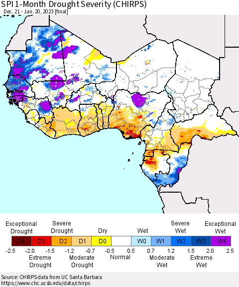 Western Africa SPI 1-Month Drought Severity (CHIRPS) Thematic Map For 12/21/2022 - 1/20/2023