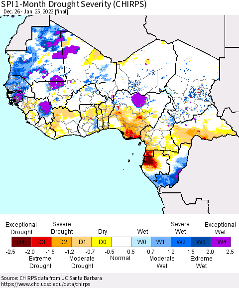 Western Africa SPI 1-Month Drought Severity (CHIRPS) Thematic Map For 12/26/2022 - 1/25/2023
