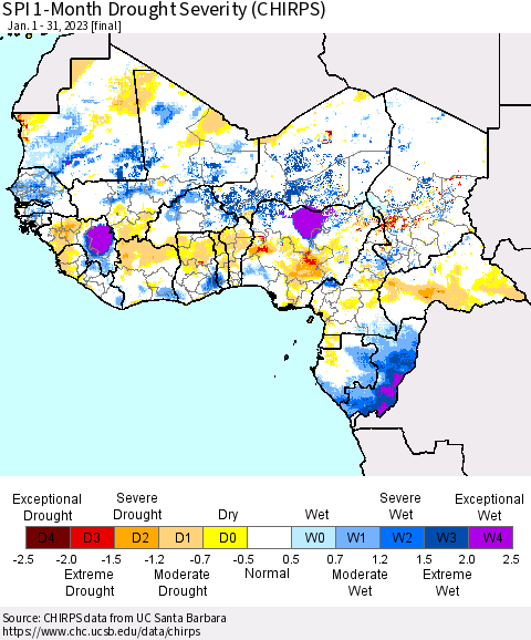 Western Africa SPI 1-Month Drought Severity (CHIRPS) Thematic Map For 1/1/2023 - 1/31/2023