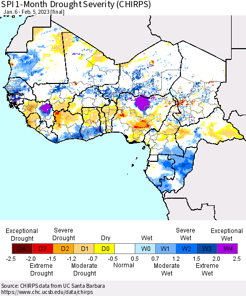 Western Africa SPI 1-Month Drought Severity (CHIRPS) Thematic Map For 1/6/2023 - 2/5/2023