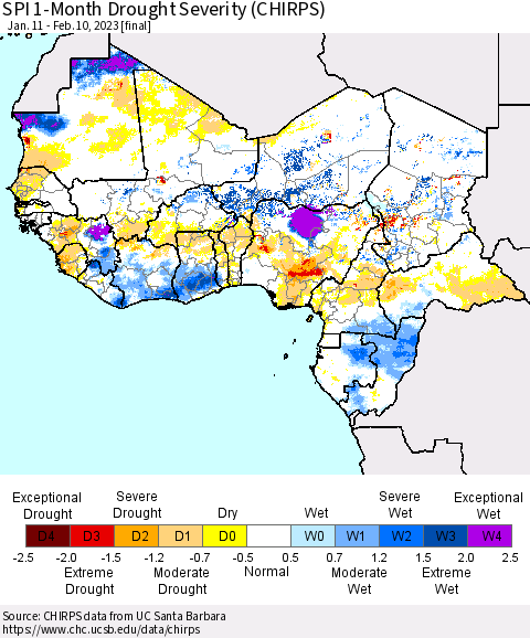 Western Africa SPI 1-Month Drought Severity (CHIRPS) Thematic Map For 1/11/2023 - 2/10/2023