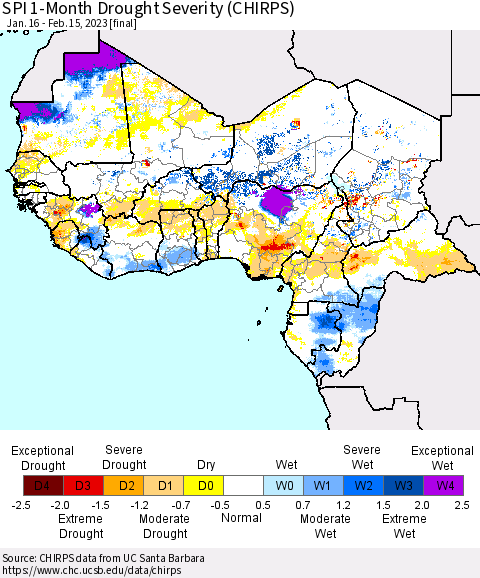 Western Africa SPI 1-Month Drought Severity (CHIRPS) Thematic Map For 1/16/2023 - 2/15/2023