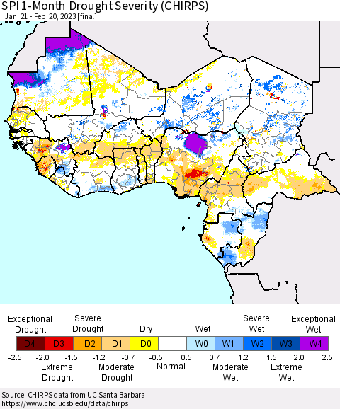 Western Africa SPI 1-Month Drought Severity (CHIRPS) Thematic Map For 1/21/2023 - 2/20/2023