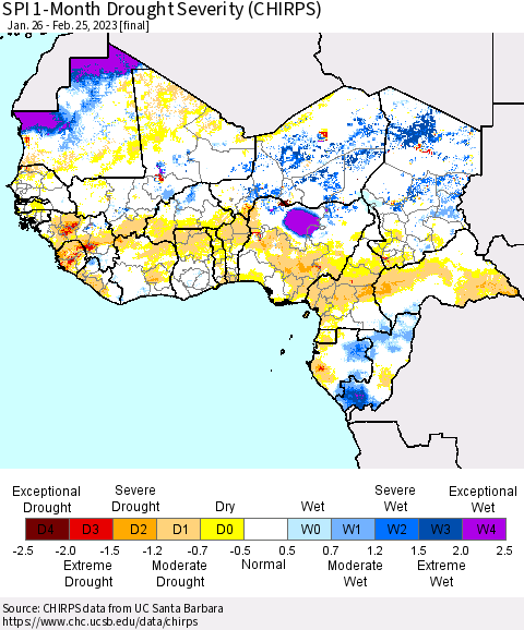 Western Africa SPI 1-Month Drought Severity (CHIRPS) Thematic Map For 1/26/2023 - 2/25/2023