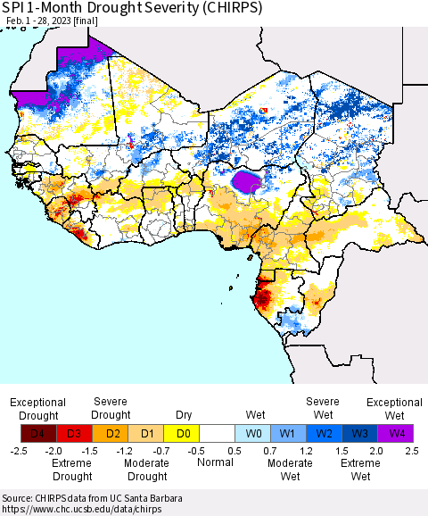 Western Africa SPI 1-Month Drought Severity (CHIRPS) Thematic Map For 2/1/2023 - 2/28/2023