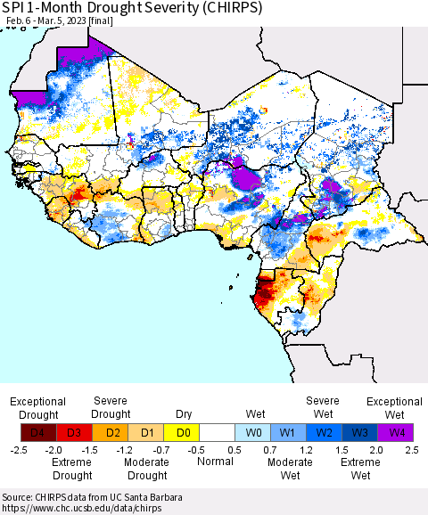 Western Africa SPI 1-Month Drought Severity (CHIRPS) Thematic Map For 2/6/2023 - 3/5/2023