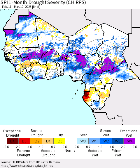Western Africa SPI 1-Month Drought Severity (CHIRPS) Thematic Map For 2/11/2023 - 3/10/2023