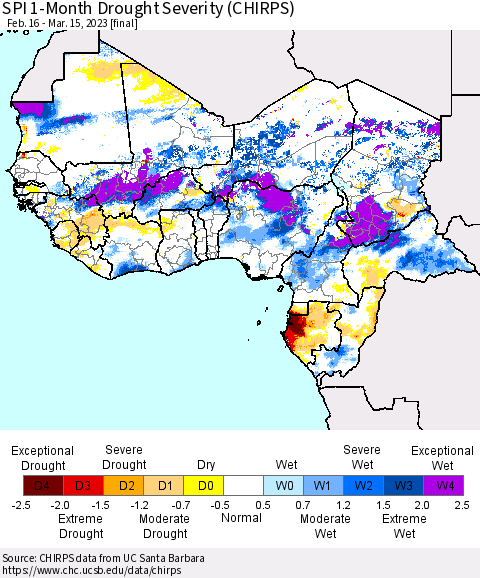Western Africa SPI 1-Month Drought Severity (CHIRPS) Thematic Map For 2/16/2023 - 3/15/2023