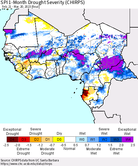 Western Africa SPI 1-Month Drought Severity (CHIRPS) Thematic Map For 2/21/2023 - 3/20/2023