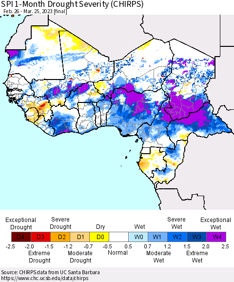 Western Africa SPI 1-Month Drought Severity (CHIRPS) Thematic Map For 2/26/2023 - 3/25/2023