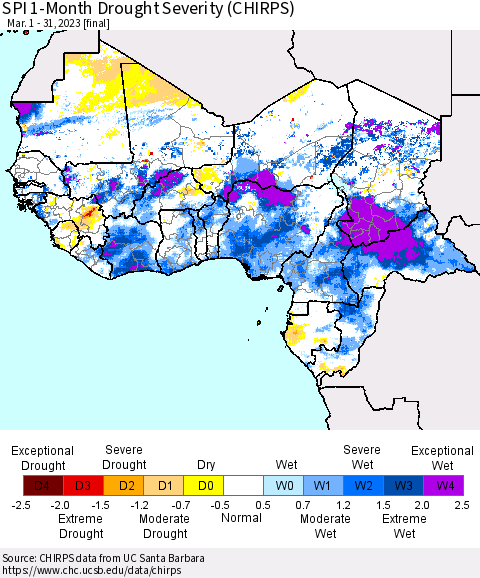 Western Africa SPI 1-Month Drought Severity (CHIRPS) Thematic Map For 3/1/2023 - 3/31/2023