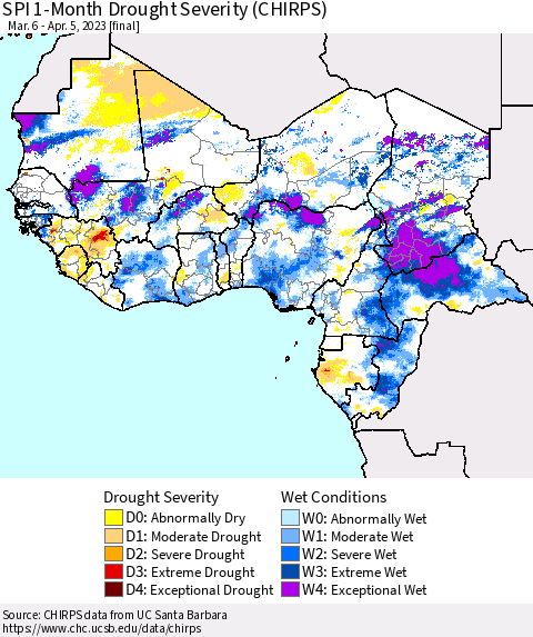 Western Africa SPI 1-Month Drought Severity (CHIRPS) Thematic Map For 3/6/2023 - 4/5/2023