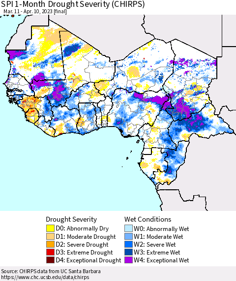 Western Africa SPI 1-Month Drought Severity (CHIRPS) Thematic Map For 3/11/2023 - 4/10/2023