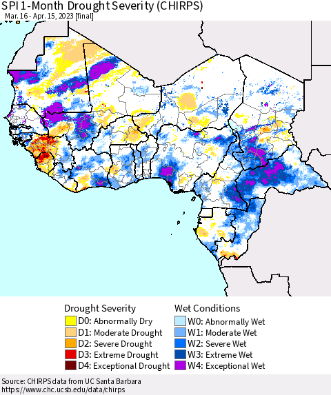 Western Africa SPI 1-Month Drought Severity (CHIRPS) Thematic Map For 3/16/2023 - 4/15/2023