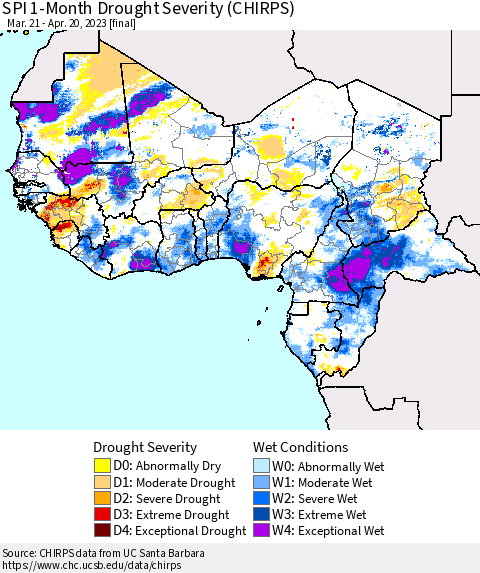 Western Africa SPI 1-Month Drought Severity (CHIRPS) Thematic Map For 3/21/2023 - 4/20/2023