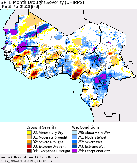 Western Africa SPI 1-Month Drought Severity (CHIRPS) Thematic Map For 3/26/2023 - 4/25/2023