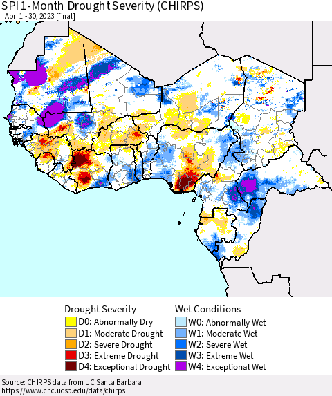 Western Africa SPI 1-Month Drought Severity (CHIRPS) Thematic Map For 4/1/2023 - 4/30/2023