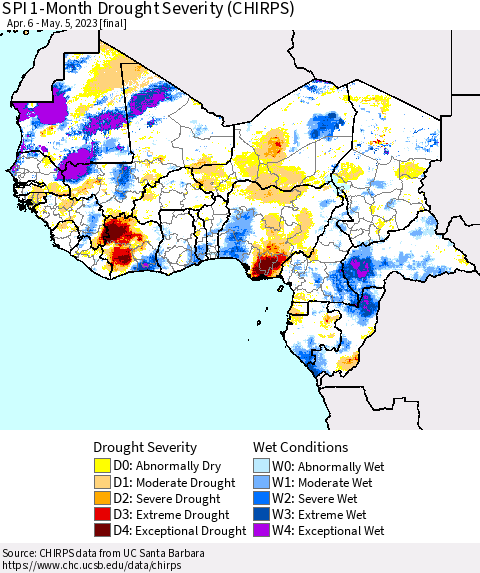 Western Africa SPI 1-Month Drought Severity (CHIRPS) Thematic Map For 4/6/2023 - 5/5/2023