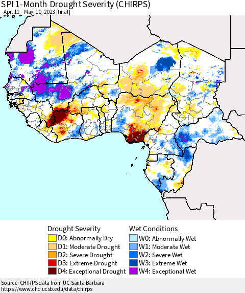 Western Africa SPI 1-Month Drought Severity (CHIRPS) Thematic Map For 4/11/2023 - 5/10/2023