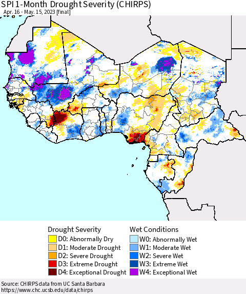 Western Africa SPI 1-Month Drought Severity (CHIRPS) Thematic Map For 4/16/2023 - 5/15/2023