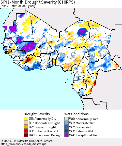 Western Africa SPI 1-Month Drought Severity (CHIRPS) Thematic Map For 4/21/2023 - 5/20/2023