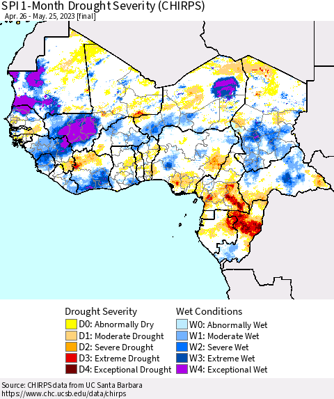 Western Africa SPI 1-Month Drought Severity (CHIRPS) Thematic Map For 4/26/2023 - 5/25/2023