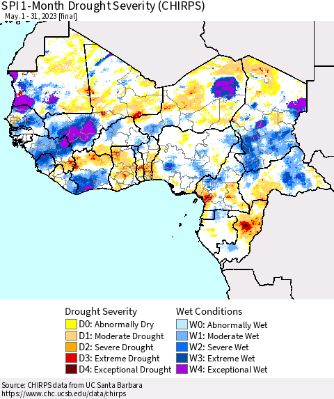 Western Africa SPI 1-Month Drought Severity (CHIRPS) Thematic Map For 5/1/2023 - 5/31/2023