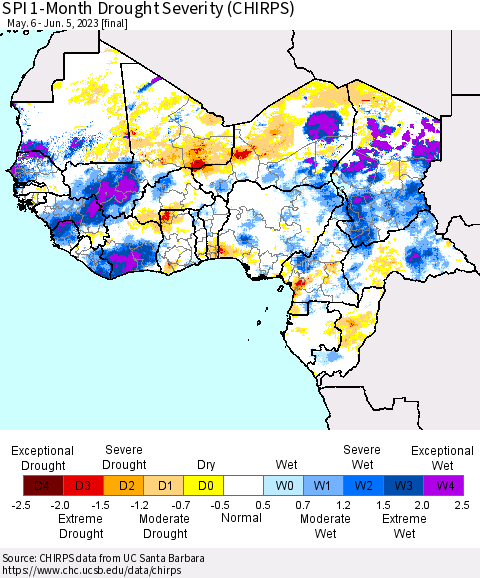 Western Africa SPI 1-Month Drought Severity (CHIRPS) Thematic Map For 5/6/2023 - 6/5/2023