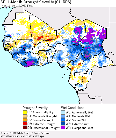 Western Africa SPI 1-Month Drought Severity (CHIRPS) Thematic Map For 5/11/2023 - 6/10/2023