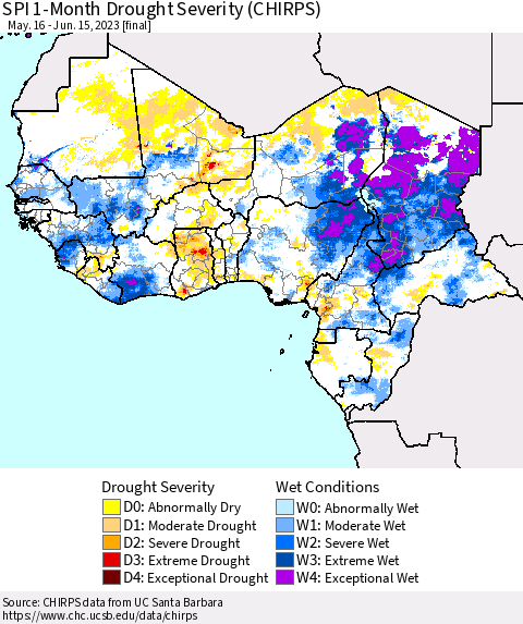 Western Africa SPI 1-Month Drought Severity (CHIRPS) Thematic Map For 5/16/2023 - 6/15/2023