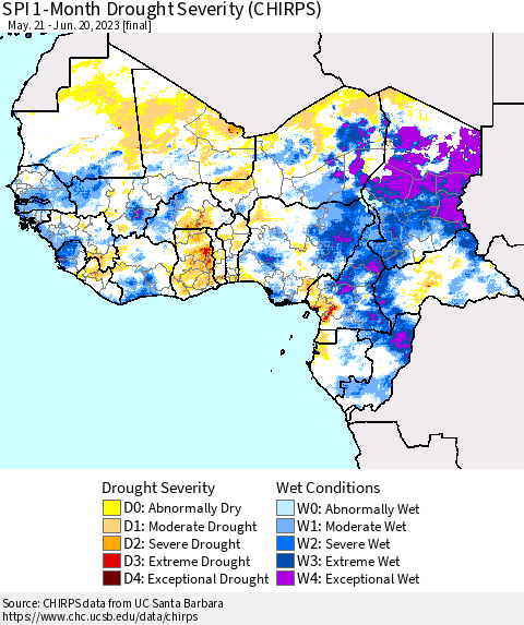 Western Africa SPI 1-Month Drought Severity (CHIRPS) Thematic Map For 5/21/2023 - 6/20/2023