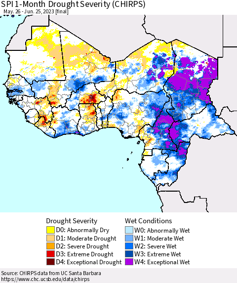 Western Africa SPI 1-Month Drought Severity (CHIRPS) Thematic Map For 5/26/2023 - 6/25/2023
