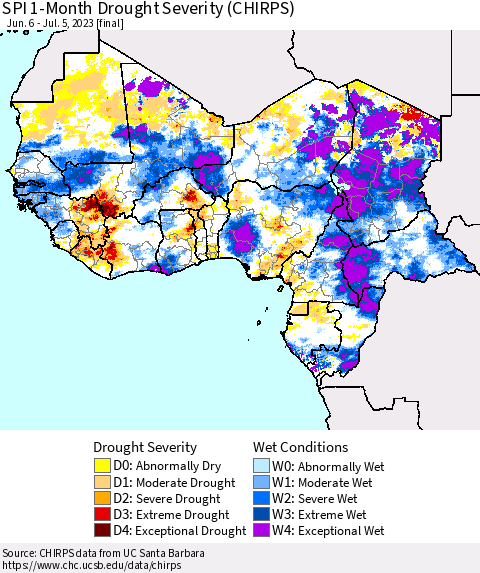 Western Africa SPI 1-Month Drought Severity (CHIRPS) Thematic Map For 6/6/2023 - 7/5/2023