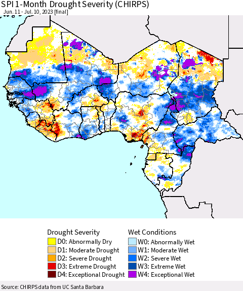 Western Africa SPI 1-Month Drought Severity (CHIRPS) Thematic Map For 6/11/2023 - 7/10/2023