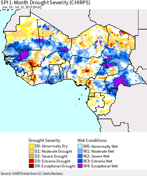 Western Africa SPI 1-Month Drought Severity (CHIRPS) Thematic Map For 6/16/2023 - 7/15/2023