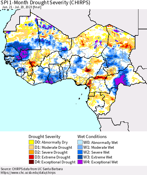 Western Africa SPI 1-Month Drought Severity (CHIRPS) Thematic Map For 6/21/2023 - 7/20/2023