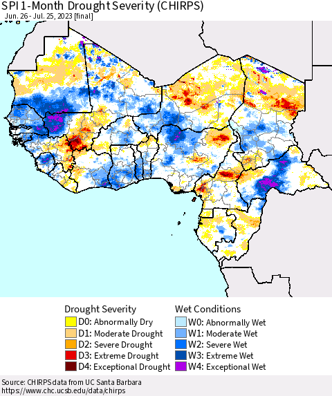 Western Africa SPI 1-Month Drought Severity (CHIRPS) Thematic Map For 6/26/2023 - 7/25/2023