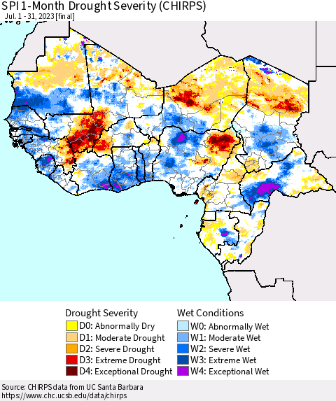 Western Africa SPI 1-Month Drought Severity (CHIRPS) Thematic Map For 7/1/2023 - 7/31/2023