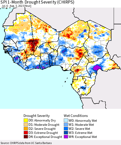 Western Africa SPI 1-Month Drought Severity (CHIRPS) Thematic Map For 7/6/2023 - 8/5/2023