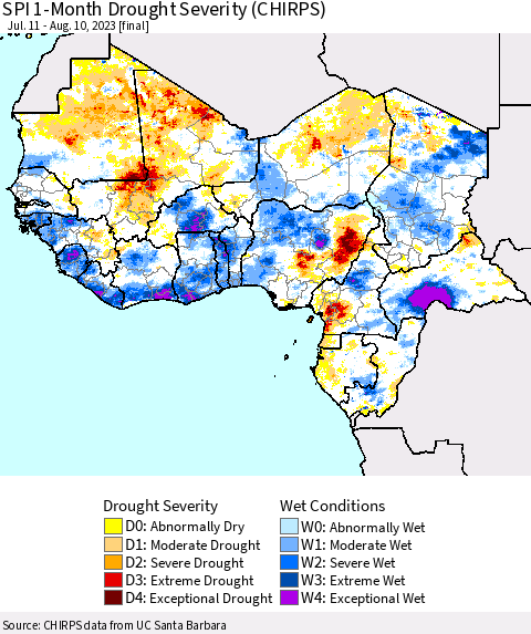 Western Africa SPI 1-Month Drought Severity (CHIRPS) Thematic Map For 7/11/2023 - 8/10/2023