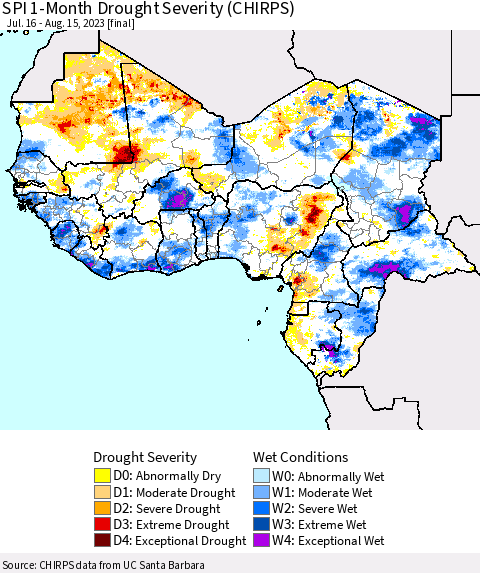 Western Africa SPI 1-Month Drought Severity (CHIRPS) Thematic Map For 7/16/2023 - 8/15/2023