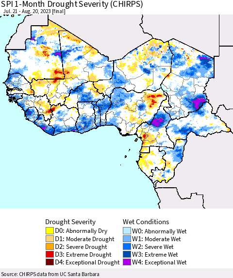 Western Africa SPI 1-Month Drought Severity (CHIRPS) Thematic Map For 7/21/2023 - 8/20/2023