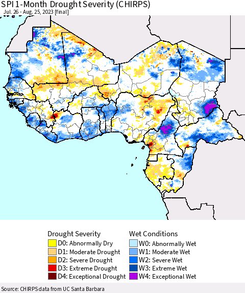 Western Africa SPI 1-Month Drought Severity (CHIRPS) Thematic Map For 7/26/2023 - 8/25/2023