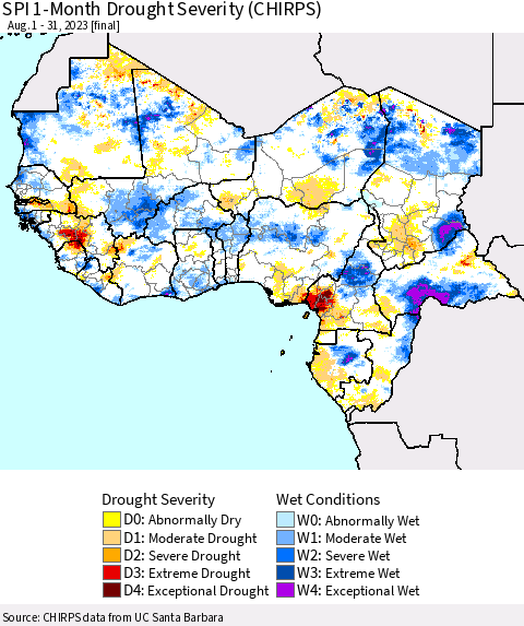 Western Africa SPI 1-Month Drought Severity (CHIRPS) Thematic Map For 8/1/2023 - 8/31/2023