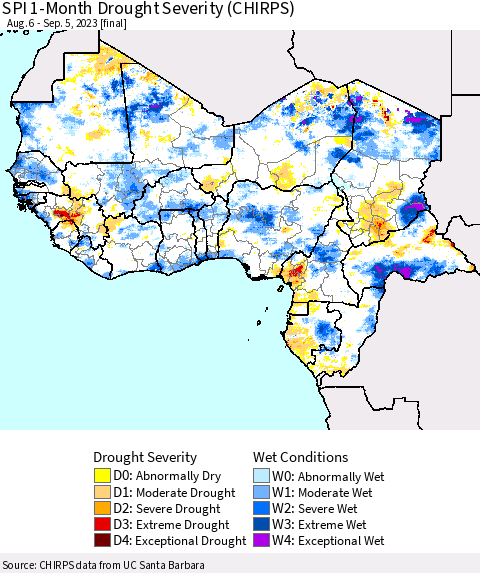 Western Africa SPI 1-Month Drought Severity (CHIRPS) Thematic Map For 8/6/2023 - 9/5/2023