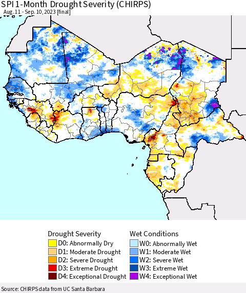 Western Africa SPI 1-Month Drought Severity (CHIRPS) Thematic Map For 8/11/2023 - 9/10/2023