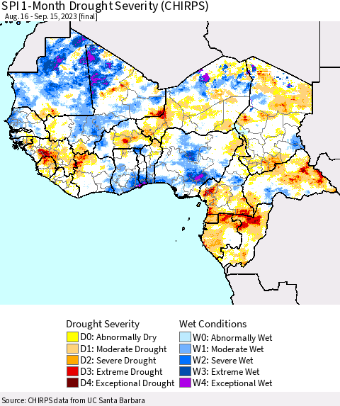 Western Africa SPI 1-Month Drought Severity (CHIRPS) Thematic Map For 8/16/2023 - 9/15/2023